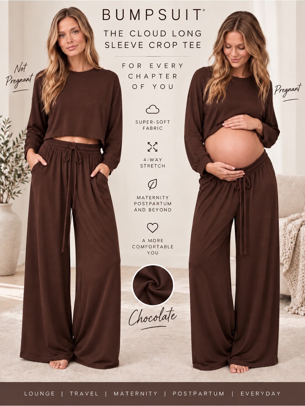 BUMPSUIT The Cloud Long Sleeve Crop Tee Chocolate NWT Large